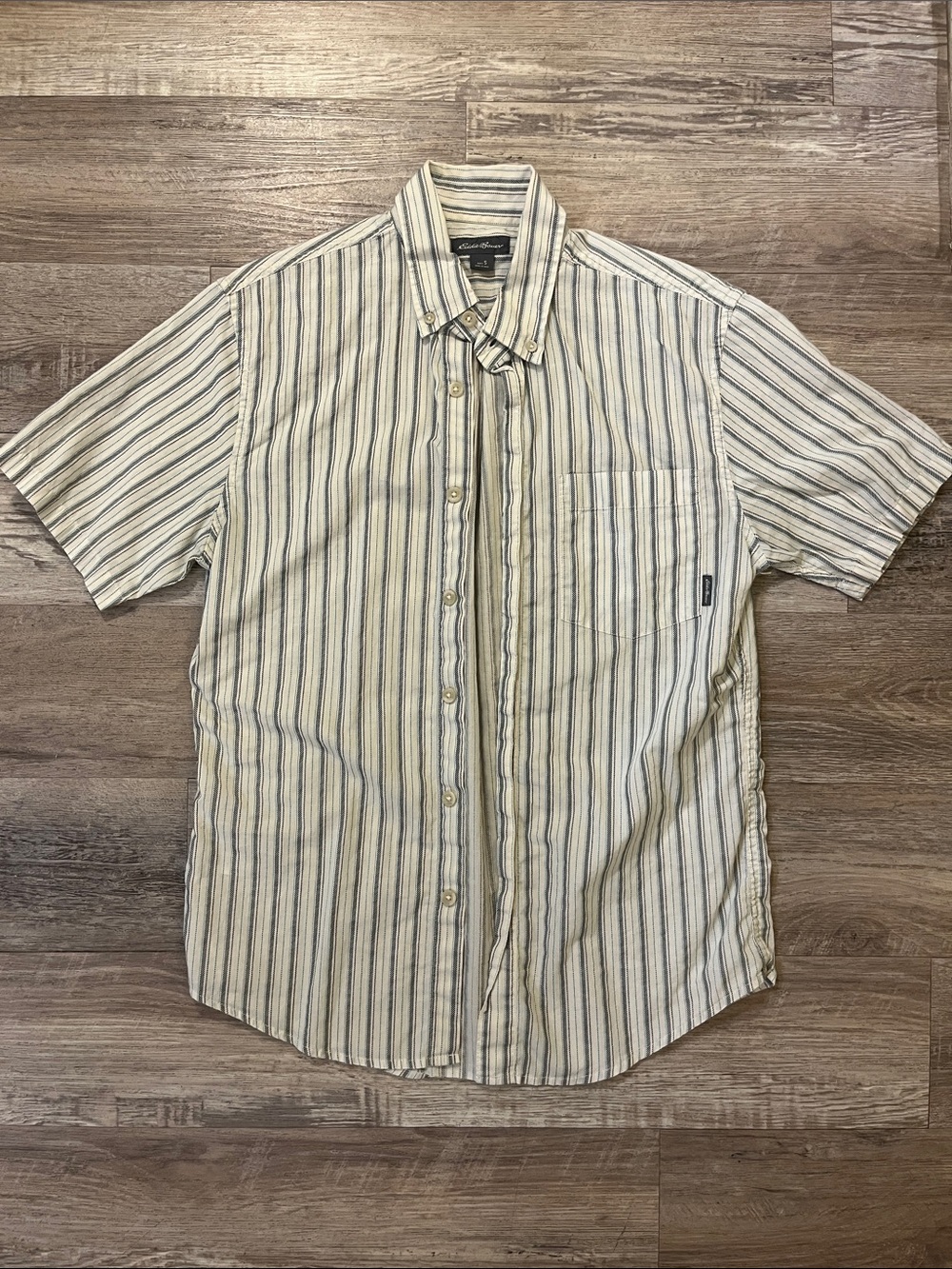Eddie Bauer Short-Sleeve Button-Down Shirt in Cream and Blue Stripes